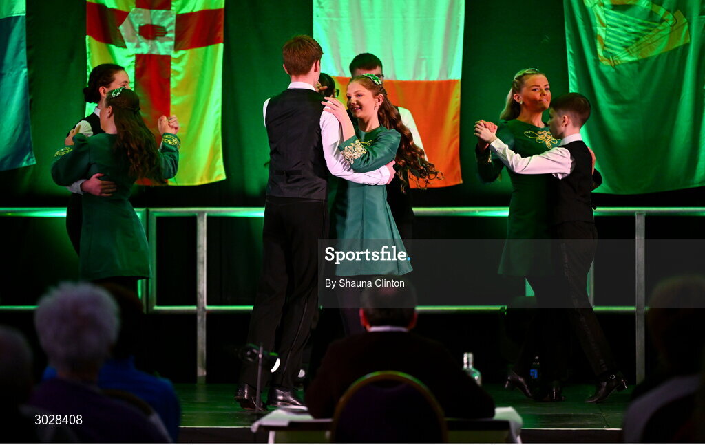 25 January 2025; The CLG Ghleann an Iolair team, including Sé Mac Maoláin, Oisín Mac Maoláin, Conall Ó Cainín, Isabella Ní Bhroin, Hannah Ní Dhochartaigh, Sophie Ní Uiginn, Sinéad Ní Chluasaigh and Aoibhin Ní Chluasaigh, representing Derry and Ulster, in the Rince Seit competition during the Scór na nÓg 2024-25 All-Ireland Finals at the Hillgrove Hotel, Monaghan. Photo by Shauna Clinton/Sportsfile