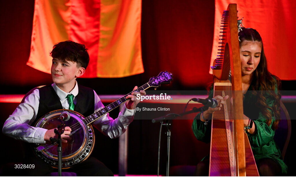 25 January 2025; The CLG na Croise Báine team, including Niamh Nic Fhearaigh, Annie Nic Fhearaigh, Marta Nic Eoghain, Felix Mac Eoghain and Mánas Mac Searraigh, representing Armagh and Ulster, in the Ceol Uirlise competition during the Scór na nÓg 2024-25 All-Ireland Finals at the Hillgrove Hotel, Monaghan. Photo by Shauna Clinton/Sportsfile