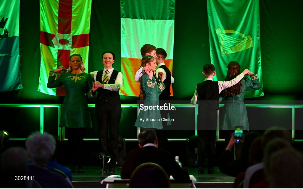 25 January 2025; The CLG Ghleann an Iolair team, including Sé Mac Maoláin, Oisín Mac Maoláin, Conall Ó Cainín, Isabella Ní Bhroin, Hannah Ní Dhochartaigh, Sophie Ní Uiginn, Sinéad Ní Chluasaigh and Aoibhin Ní Chluasaigh, representing Derry and Ulster, in the Rince Seit competition during the Scór na nÓg 2024-25 All-Ireland Finals at the Hillgrove Hotel, Monaghan. Photo by Shauna Clinton/Sportsfile