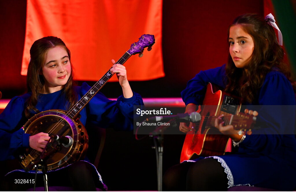 25 January 2025; The Bun Brosnaí team, including Aoife Dunleavy, Anna Dunleavy and Béibhinn McGowan, representing Westmeath and Leinster, in the Ceol Uirlise competition during the Scór na nÓg 2024-25 All-Ireland Finals at the Hillgrove Hotel, Monaghan. Photo by Shauna Clinton/Sportsfile