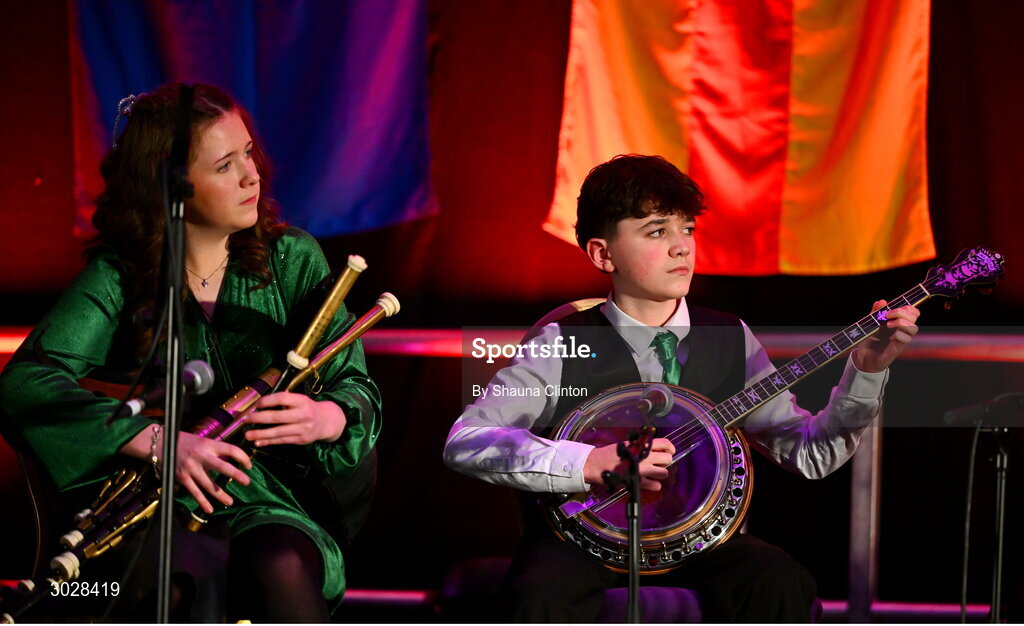 25 January 2025; The CLG na Croise Báine team, including Niamh Nic Fhearaigh, Annie Nic Fhearaigh, Marta Nic Eoghain, Felix Mac Eoghain and Mánas Mac Searraigh, representing Armagh and Ulster, in the Ceol Uirlise competition during the Scór na nÓg 2024-25 All-Ireland Finals at the Hillgrove Hotel, Monaghan. Photo by Shauna Clinton/Sportsfile