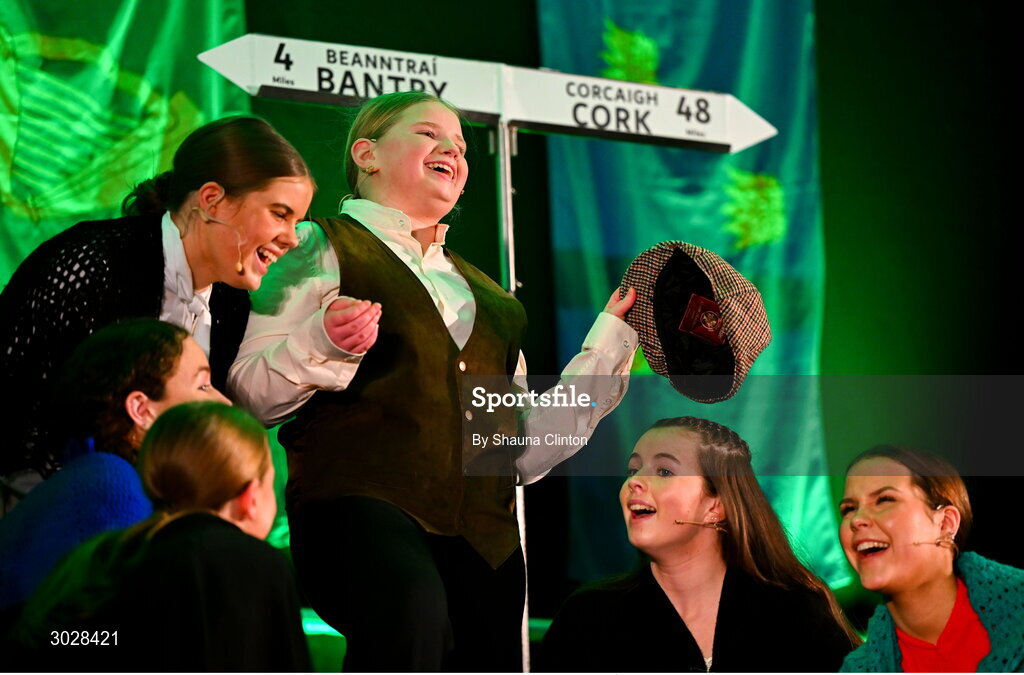 25 January 2025; The Naomh Séamus team, including Sarah Marie O Sullivan, Holly Murray, Abbie Murray, Caitlin McCarthy, Meadbh McCarthy, Eoin Whetten, Shannon Griffin and Lily Hayes, representing Cork and Munster, in the Nuachleas competition during the Scór na nÓg 2024-25 All-Ireland Finals at the Hillgrove Hotel, Monaghan. Photo by Shauna Clinton/Sportsfile
