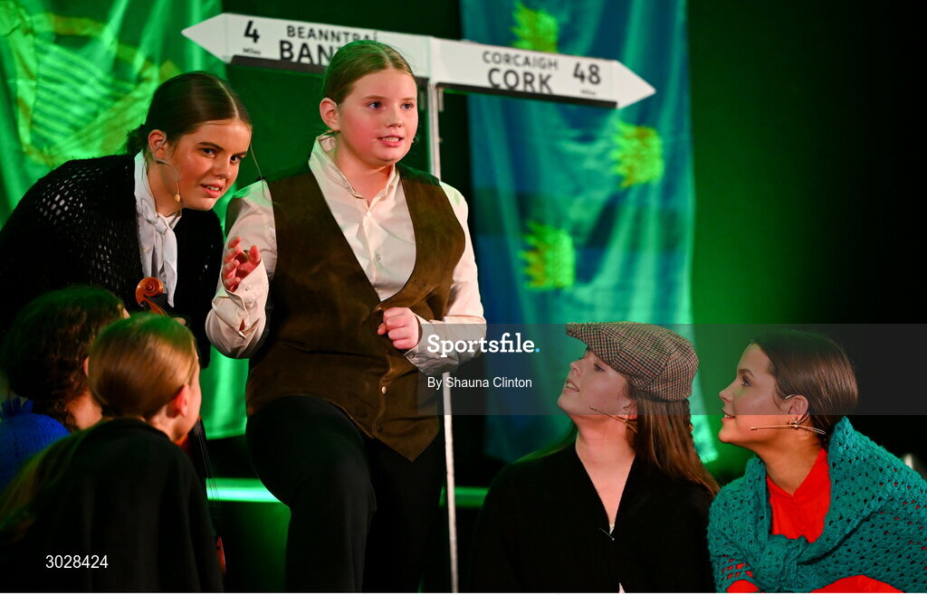 25 January 2025; The Naomh Séamus team, including Sarah Marie O Sullivan, Holly Murray, Abbie Murray, Caitlin McCarthy, Meadbh McCarthy, Eoin Whetten, Shannon Griffin and Lily Hayes, representing Cork and Munster, in the Nuachleas competition during the Scór na nÓg 2024-25 All-Ireland Finals at the Hillgrove Hotel, Monaghan. Photo by Shauna Clinton/Sportsfile