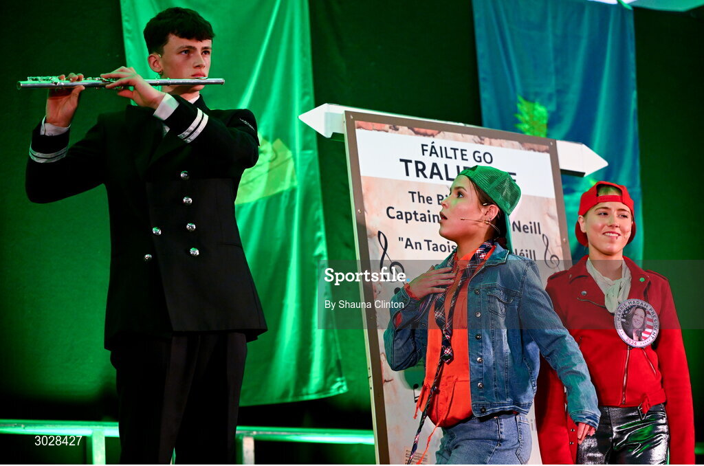 25 January 2025; The Naomh Séamus team, including Sarah Marie O Sullivan, Holly Murray, Abbie Murray, Caitlin McCarthy, Meadbh McCarthy, Eoin Whetten, Shannon Griffin and Lily Hayes, representing Cork and Munster, in the Nuachleas competition during the Scór na nÓg 2024-25 All-Ireland Finals at the Hillgrove Hotel, Monaghan. Photo by Shauna Clinton/Sportsfile