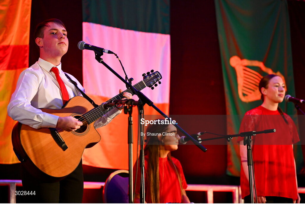 25 January 2025; The CLG Daibhéid na Muaidhe team, including Conor Fox, Niamh Doherty, Shona Fox, Laoise Doherty and Clodagh Timlin, representing Mayo and Connacht, in the Bailéad-Ghrúpa competition during the Scór na nÓg 2024-25 All-Ireland Finals at the Hillgrove Hotel, Monaghan. Photo by Shauna Clinton/Sportsfile
