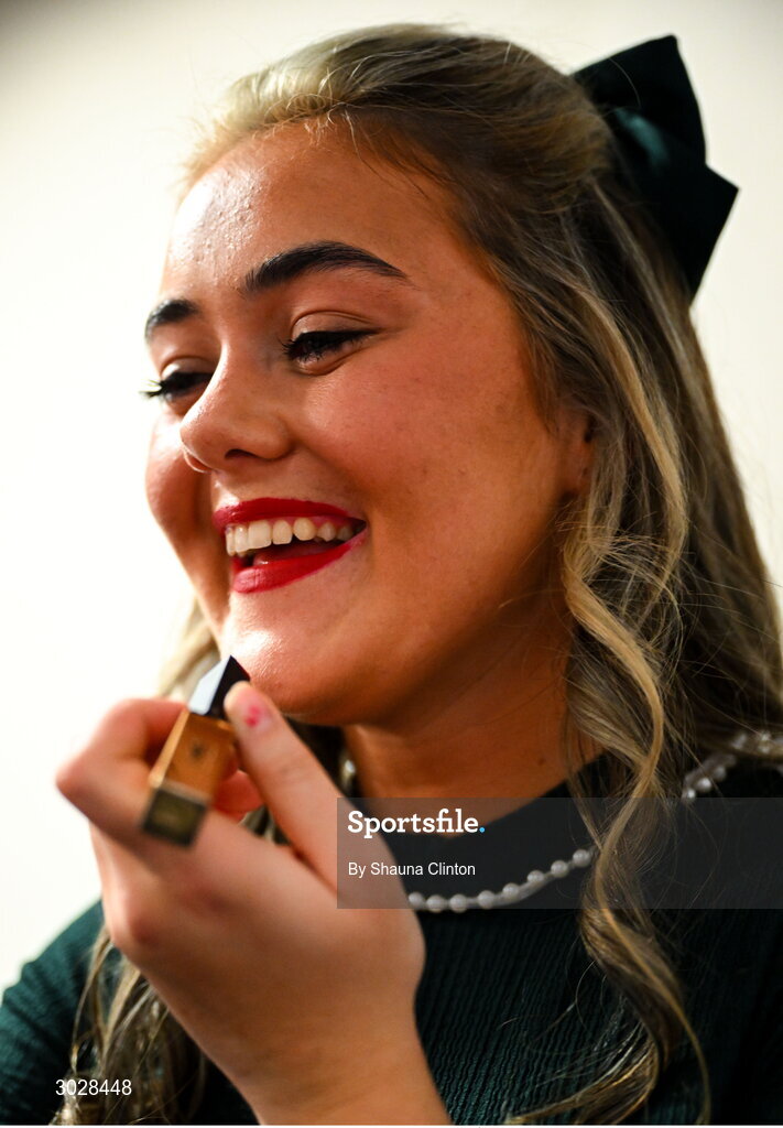 25 January 2025; Ella Louise Ní hAnluain of Naomh Moninne, Cill Shléibhe, representing Armagh and Ulster in the Rince Foirne competition gets ready before the Scór na nÓg 2024-25 All-Ireland Finals at the Hillgrove Hotel, Monaghan. Photo by Shauna Clinton/Sportsfile