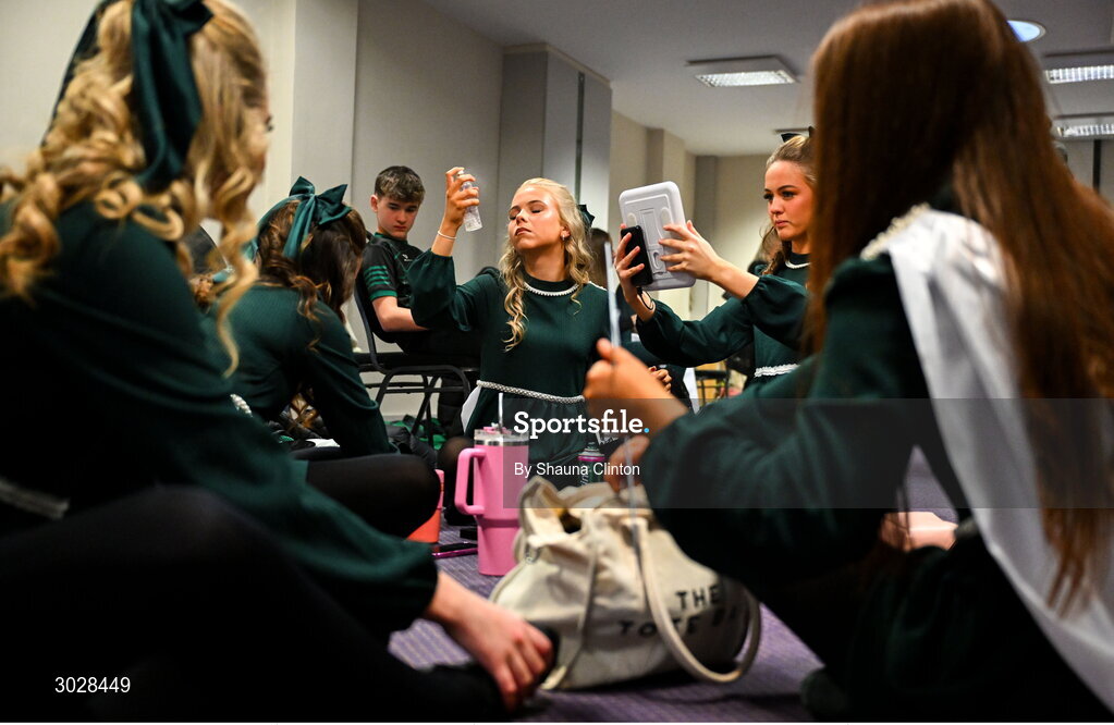 25 January 2025; The Naomh Moninne, Cill Shléibhe team, including Cáití Ní Ghealbháin, Clár Nic Íomhair, Maoilíosa Nic Philib, Aoife Labhaoise Ní Bhreasláin, Siobhán Nig Aonghusa, Éimí Nic Cana, Oilibhín Ní Chromtha and Ella Louise Ní hAnluain, representing Armagh and Ulster, in the Rince Foirne competition get ready before the Scór na nÓg 2024-25 All-Ireland Finals at the Hillgrove Hotel, Monaghan. Photo by Shauna Clinton/Sportsfile