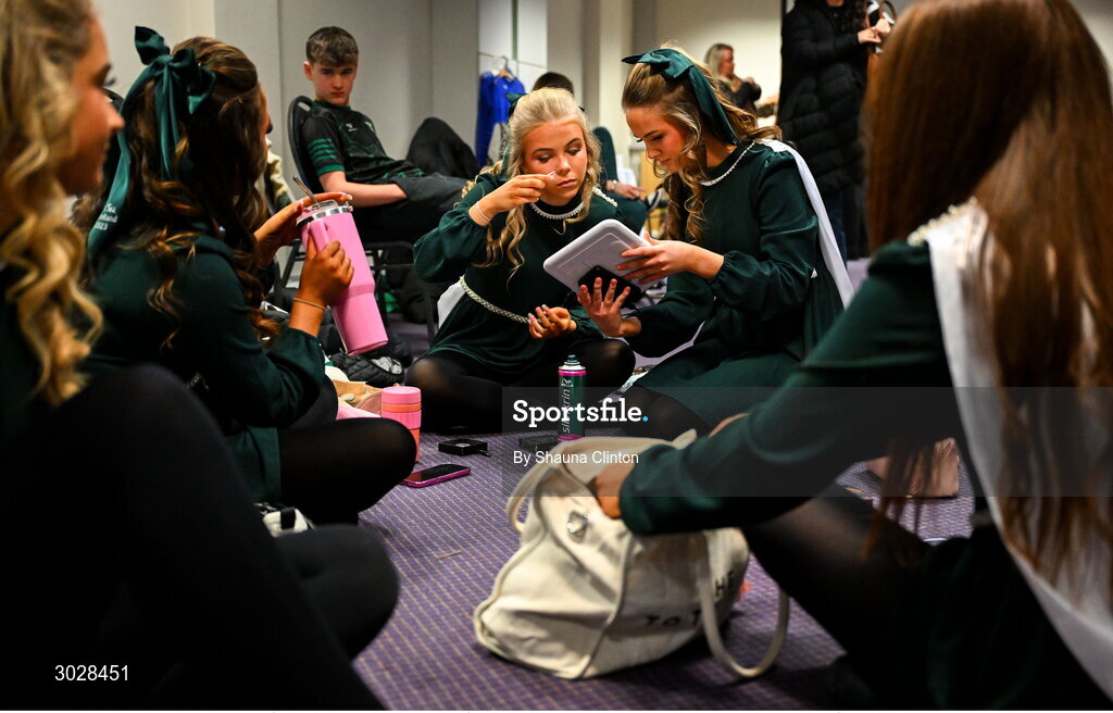 25 January 2025; The Naomh Moninne, Cill Shléibhe team, including Cáití Ní Ghealbháin, Clár Nic Íomhair, Maoilíosa Nic Philib, Aoife Labhaoise Ní Bhreasláin, Siobhán Nig Aonghusa, Éimí Nic Cana, Oilibhín Ní Chromtha and Ella Louise Ní hAnluain, representing Armagh and Ulster, in the Rince Foirne competition get ready before the Scór na nÓg 2024-25 All-Ireland Finals at the Hillgrove Hotel, Monaghan. Photo by Shauna Clinton/Sportsfile