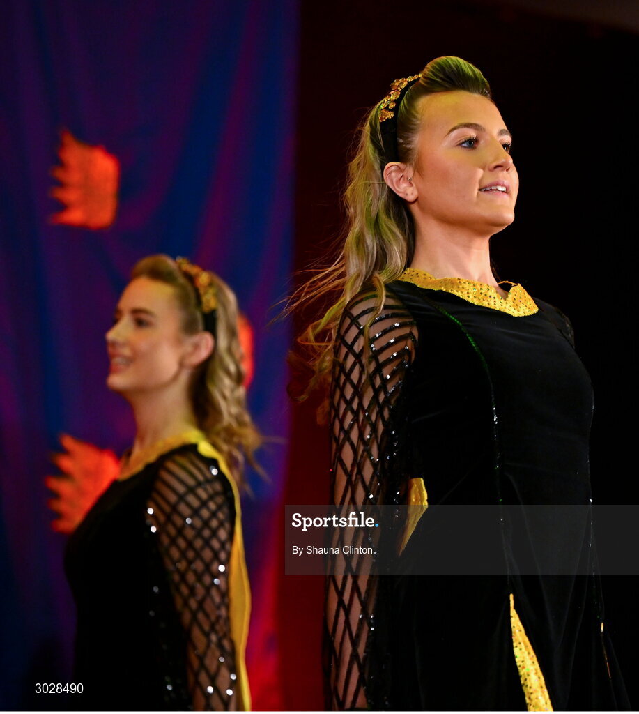 25 January 2025; The CLG An Baile Mór team, including Sara Jane Sheridan, Cadhlagh Browne, Chantel Higgins, Erin Flynn, Saidbh Flynn, Róisín Grant, Aoibhe Lynch and Róisín Greene, representing Longford and Leinster, in the Rince Foirne competition during the Scór na nÓg 2024-25 All-Ireland Finals at the Hillgrove Hotel, Monaghan. Photo by Shauna Clinton/Sportsfile