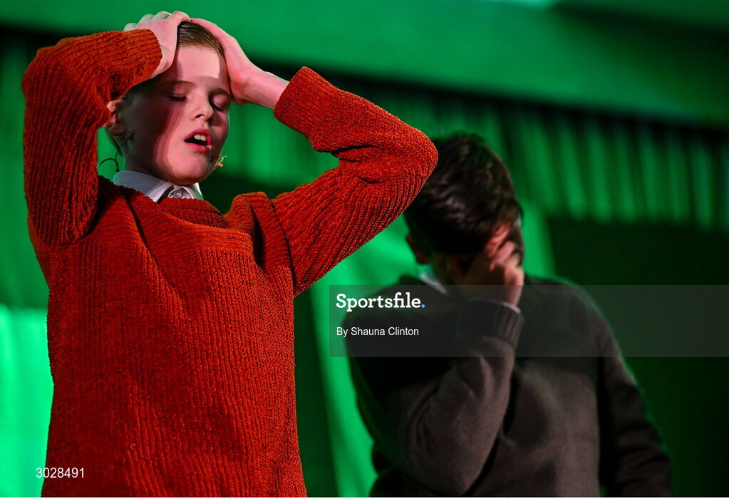 25 January 2025; The Gaeil Inis Ceithleann team, including Gráinne Ní Ghallachóir, Máitiú Mac Giolla Phádraig, Odhrán Ó hÉigeartaigh, Ciara Uilis, Jessica Uilis, Cillian Ó Gallachóir and Fionn Mac an Bhreitheamh, representing Fermanagh and Ulster, in the Nuachleas competition during the Scór na nÓg 2024-25 All-Ireland Finals at the Hillgrove Hotel, Monaghan. Photo by Shauna Clinton/Sportsfile