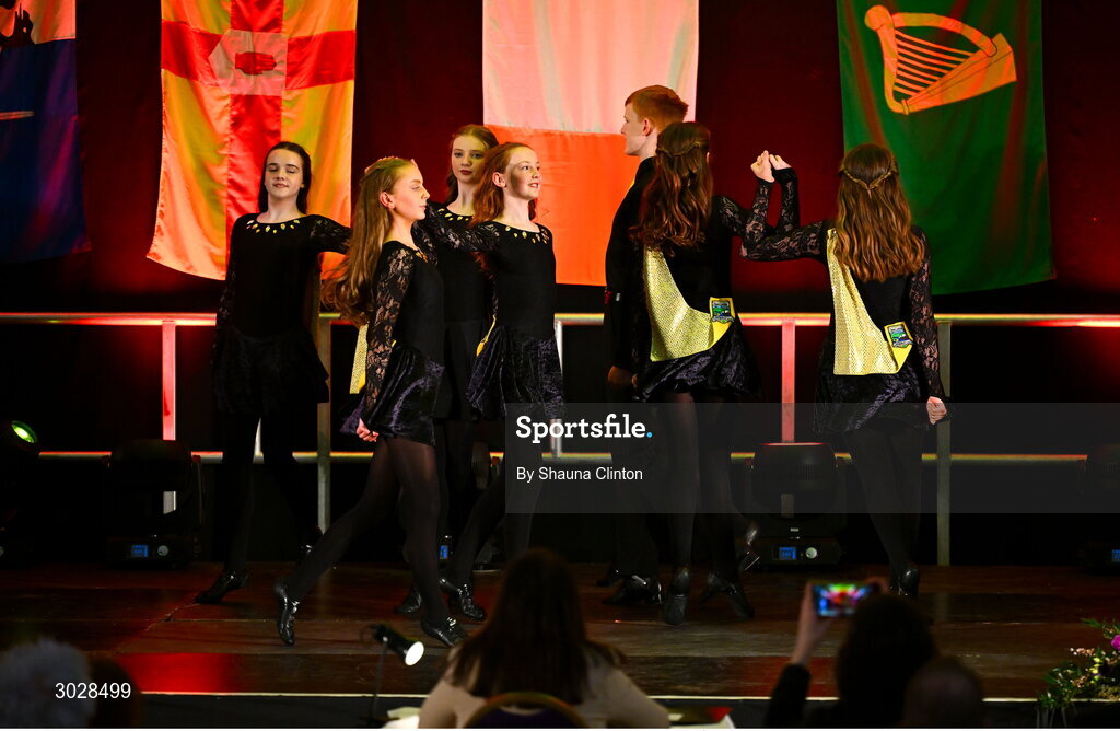 25 January 2025; The CLG Chluain Cearbháin team, including Jack McDowell, Annie McDowell, Sarah Morahan, Rebecca Ball, Casey Forde, Gracie Weston, Cara Caulfield and Katie Maxwell, representing Mayo and Connacht, in the Rince Foirne competition during the Scór na nÓg 2024-25 All-Ireland Finals at the Hillgrove Hotel, Monaghan. Photo by Shauna Clinton/Sportsfile
