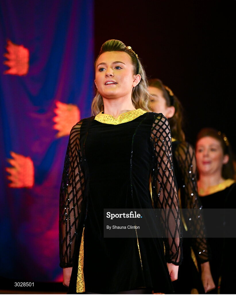 25 January 2025; The CLG An Baile Mór team, including Sara Jane Sheridan, Cadhlagh Browne, Chantel Higgins, Erin Flynn, Saidbh Flynn, Róisín Grant, Aoibhe Lynch and Róisín Greene, representing Longford and Leinster, in the Rince Foirne competition during the Scór na nÓg 2024-25 All-Ireland Finals at the Hillgrove Hotel, Monaghan. Photo by Shauna Clinton/Sportsfile