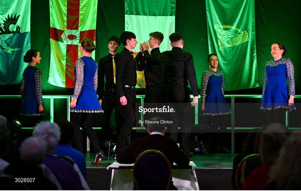 25 January 2025; The An Spá team, including Ciara Lawlor, Siofra Brosnan, Aine O Sullivan, Ciara O Donoghue, Darragh Brosnan, Diarmuid Ó Donovan, Colm O Connor and Oisin Ó Sullivan, representing Kerry and Munster, in the Rince Seit competition during the Scór na nÓg 2024-25 All-Ireland Finals at the Hillgrove Hotel, Monaghan. Photo by Shauna Clinton/Sportsfile