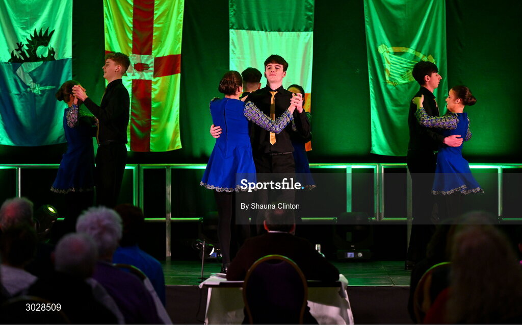 25 January 2025; The An Spá team, including Ciara Lawlor, Siofra Brosnan, Aine O Sullivan, Ciara O Donoghue, Darragh Brosnan, Diarmuid Ó Donovan, Colm O Connor and Oisin Ó Sullivan, representing Kerry and Munster, in the Rince Seit competition during the Scór na nÓg 2024-25 All-Ireland Finals at the Hillgrove Hotel, Monaghan. Photo by Shauna Clinton/Sportsfile