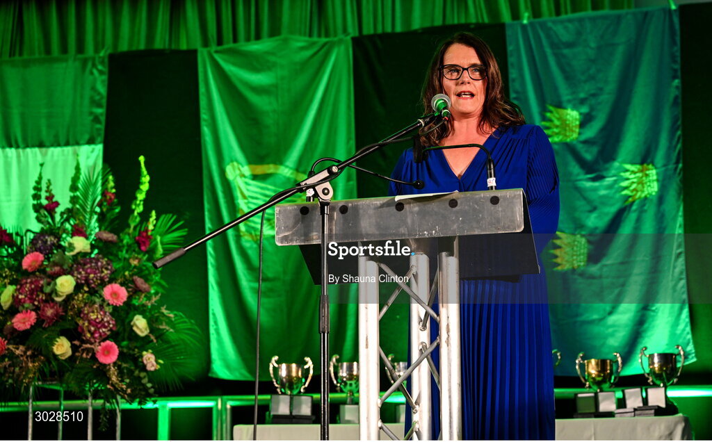 25 January 2025; Cathaoirleach Coiste Náisiúnta Scór Paula Magee during the Scór na nÓg 2024-25 All-Ireland Finals at the Hillgrove Hotel, Monaghan. Photo by Shauna Clinton/Sportsfile