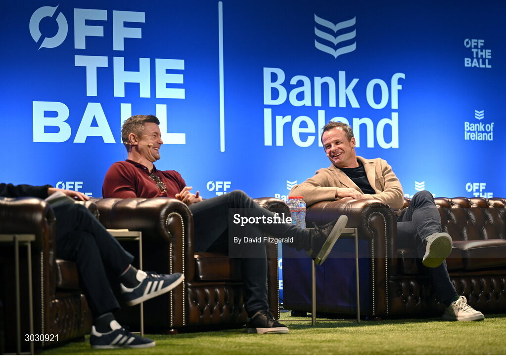 29 January 2025; Former England rugby player Austin Healey, right, and former Ireland and Leinster rugby player Brian O'Driscoll during a special Off the Ball Roadshow event at the Olympia Theatre in Dublin. Photo by David Fitzgerald/Sportsfile