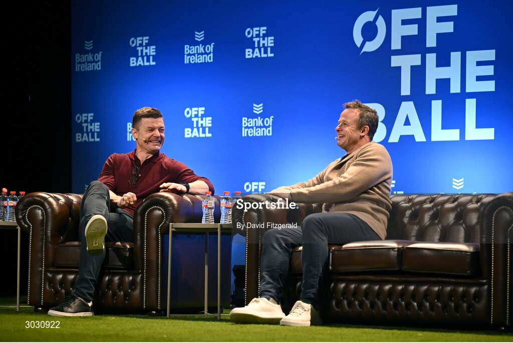 29 January 2025; Former England rugby player Austin Healey, right, and former Ireland and Leinster rugby player Brian O'Driscoll during a special Off the Ball Roadshow event at the Olympia Theatre in Dublin. Photo by David Fitzgerald/Sportsfile