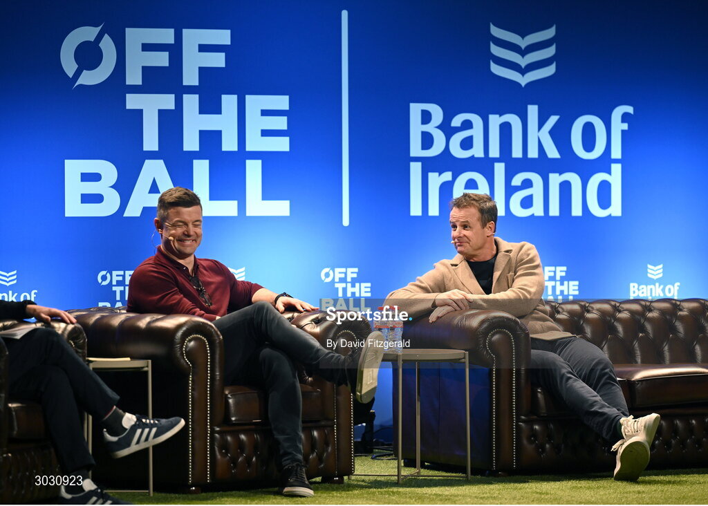 29 January 2025; Former England rugby player Austin Healey, right, and former Ireland and Leinster rugby player Brian O'Driscoll during a special Off the Ball Roadshow event at the Olympia Theatre in Dublin. Photo by David Fitzgerald/Sportsfile