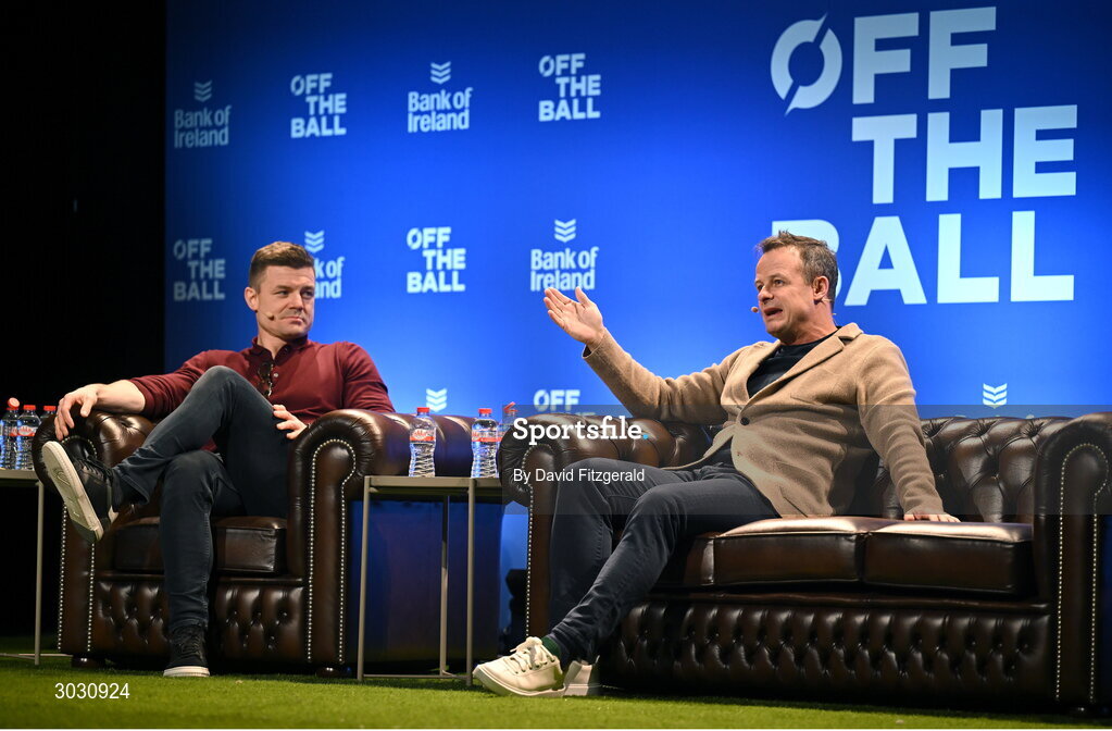 29 January 2025; Former England rugby player Austin Healey, right, and former Ireland and Leinster rugby player Brian O'Driscoll during a special Off the Ball Roadshow event at the Olympia Theatre in Dublin. Photo by David Fitzgerald/Sportsfile