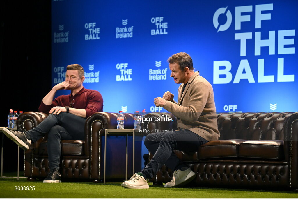29 January 2025; Former England rugby player Austin Healey, right, and former Ireland and Leinster rugby player Brian O'Driscoll during a special Off the Ball Roadshow event at the Olympia Theatre in Dublin. Photo by David Fitzgerald/Sportsfile