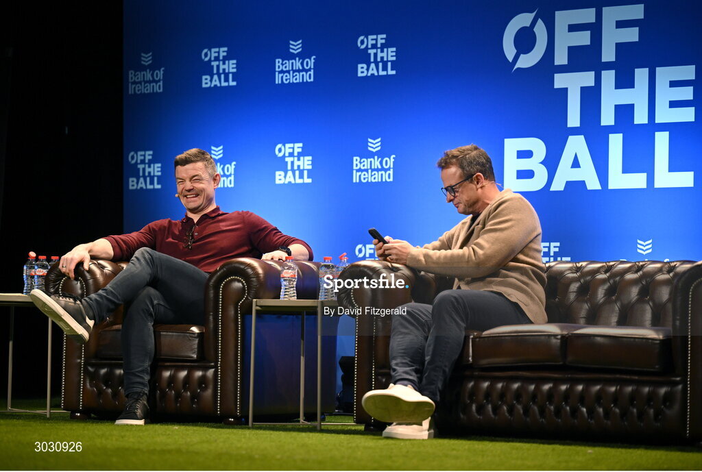 29 January 2025; Former England rugby player Austin Healey, right, and former Ireland and Leinster rugby player Brian O'Driscoll during a special Off the Ball Roadshow event at the Olympia Theatre in Dublin. Photo by David Fitzgerald/Sportsfile