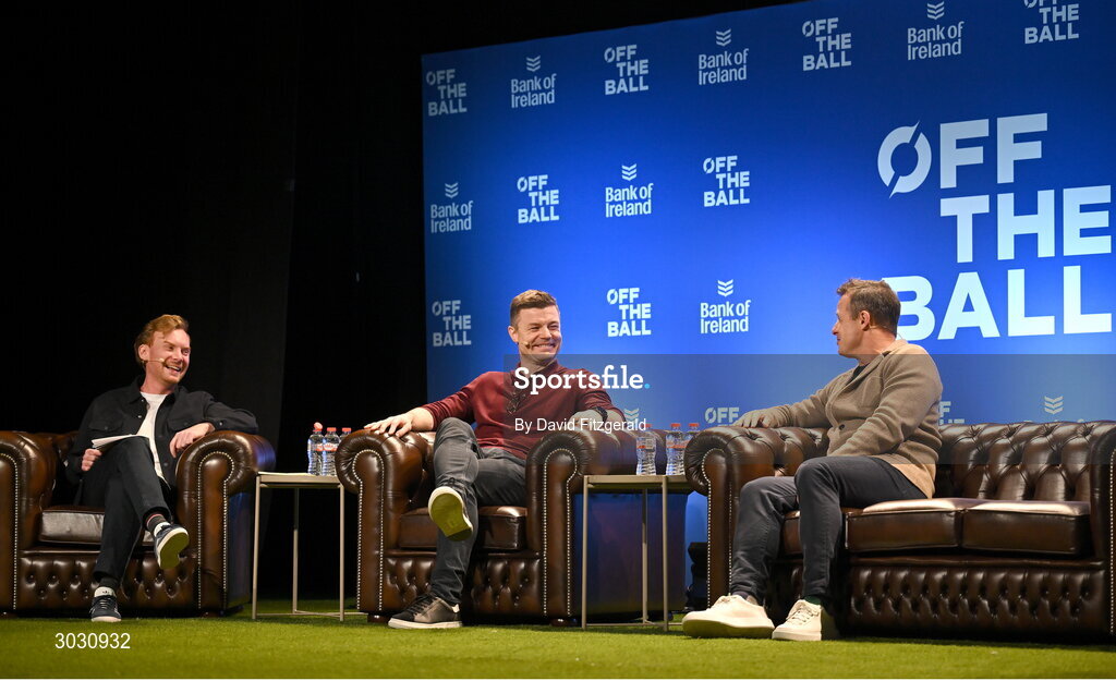 29 January 2025; Former Ireland and Leinster rugby player Brian O'Driscoll, centre, former England rugby player Austin Healey, right, and presenter Eoin Sheahan during a special Off the Ball Roadshow event at the Olympia Theatre in Dublin. Photo by David Fitzgerald/Sportsfile