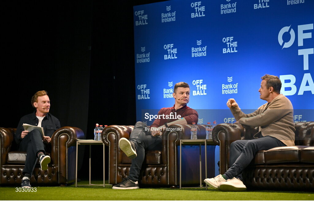 29 January 2025; Former Ireland and Leinster rugby player Brian O'Driscoll, centre, former England rugby player Austin Healey, right, and presenter Eoin Sheahan during a special Off the Ball Roadshow event at the Olympia Theatre in Dublin. Photo by David Fitzgerald/Sportsfile