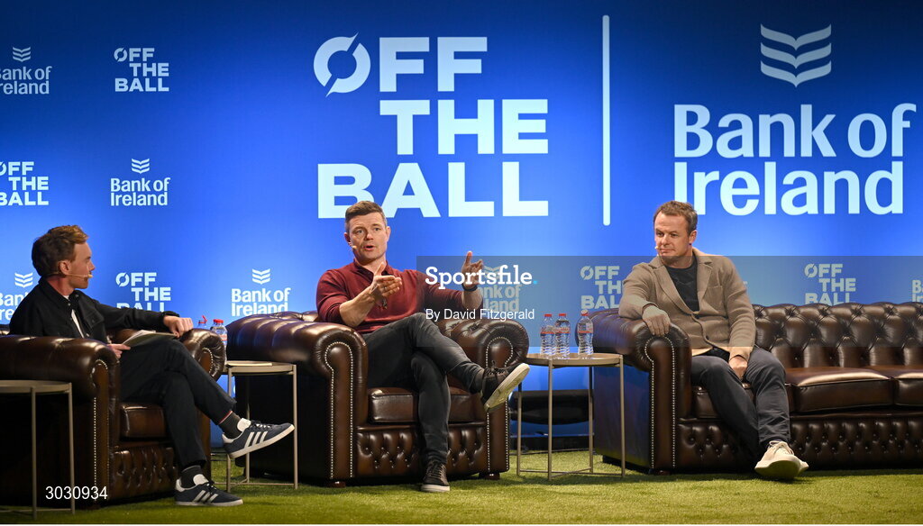 29 January 2025; Former Ireland and Leinster rugby player Brian O'Driscoll, centre, former England rugby player Austin Healey, right, and presenter Eoin Sheahan during a special Off the Ball Roadshow event at the Olympia Theatre in Dublin. Photo by David Fitzgerald/Sportsfile