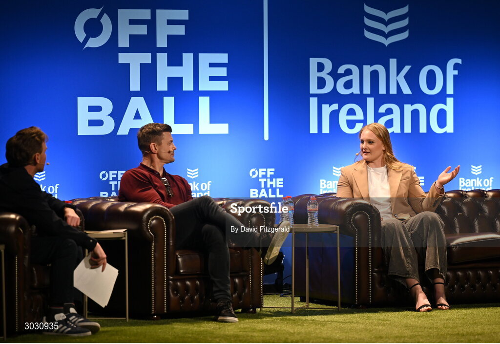 29 January 2025; Ireland women's rugby player Aoife Wafer with former Ireland and Leinster rugby player Brian O'Driscoll, centre, and presenter Eoin Sheahan during a special Off the Ball Roadshow event at the Olympia Theatre in Dublin. Photo by David Fitzgerald/Sportsfile