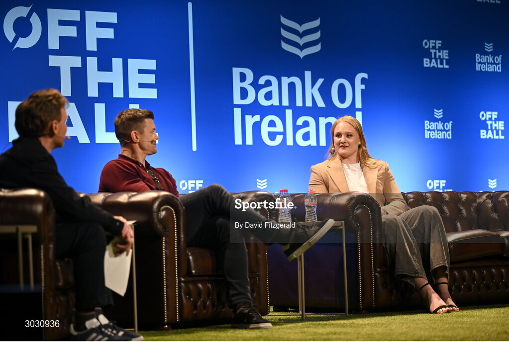 29 January 2025; Ireland women's rugby player Aoife Wafer with former Ireland and Leinster rugby player Brian O'Driscoll, centre, and presenter Eoin Sheahan during a special Off the Ball Roadshow event at the Olympia Theatre in Dublin. Photo by David Fitzgerald/Sportsfile
