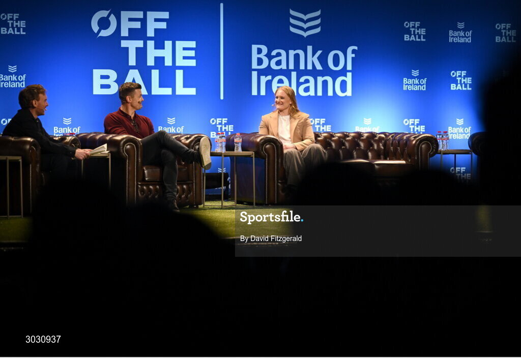 29 January 2025; Ireland women's rugby player Aoife Wafer with former Ireland and Leinster rugby player Brian O'Driscoll, centre, and presenter Eoin Sheahan during a special Off the Ball Roadshow event at the Olympia Theatre in Dublin. Photo by David Fitzgerald/Sportsfile