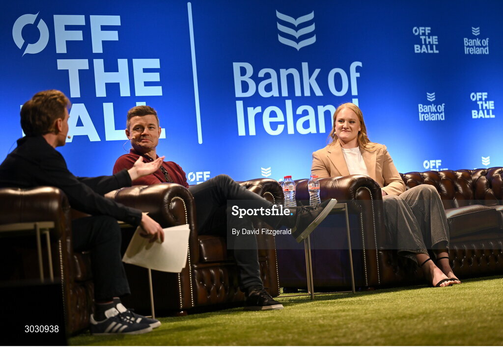 29 January 2025; Ireland women's rugby player Aoife Wafer with former Ireland and Leinster rugby player Brian O'Driscoll, centre, and presenter Eoin Sheahan during a special Off the Ball Roadshow event at the Olympia Theatre in Dublin. Photo by David Fitzgerald/Sportsfile