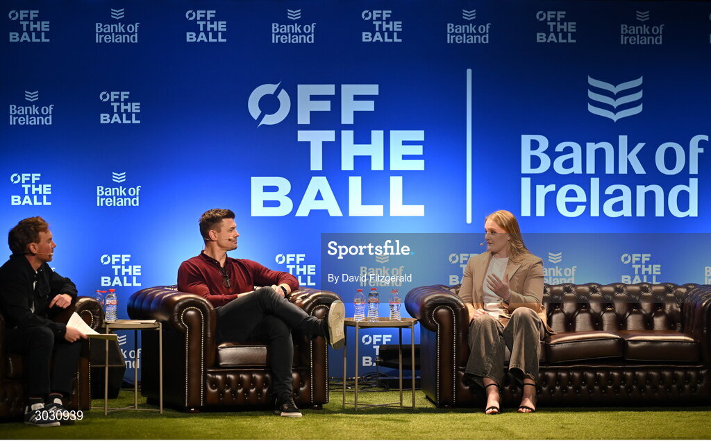 29 January 2025; Ireland women's rugby player Aoife Wafer with former Ireland and Leinster rugby player Brian O'Driscoll, centre, and presenter Eoin Sheahan during a special Off the Ball Roadshow event at the Olympia Theatre in Dublin. Photo by David Fitzgerald/Sportsfile