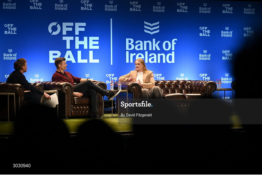 29 January 2025; Ireland women's rugby player Aoife Wafer with former Ireland and Leinster rugby player Brian O'Driscoll, centre, and presenter Eoin Sheahan during a special Off the Ball Roadshow event at the Olympia Theatre in Dublin. Photo by David Fitzgerald/Sportsfile
