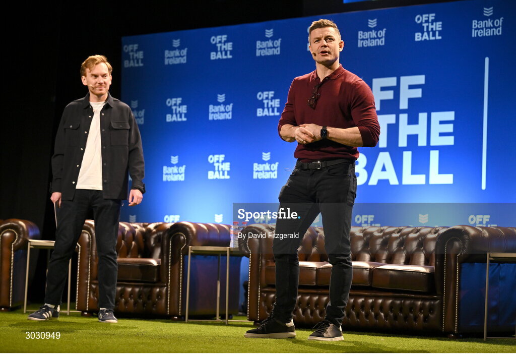 29 January 2025; Former Ireland and Leinster rugby player Brian O'Driscoll, right, and presenter Eoin Sheahan during a special Off the Ball Roadshow event at the Olympia Theatre in Dublin. Photo by David Fitzgerald/Sportsfile