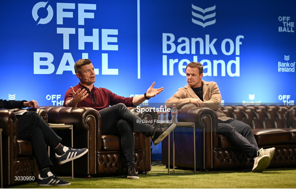 29 January 2025; Former Ireland and Leinster rugby player Brian O'Driscoll, left, and former England rugby player Austin Healey during a special Off the Ball Roadshow event at the Olympia Theatre in Dublin. Photo by David Fitzgerald/Sportsfile