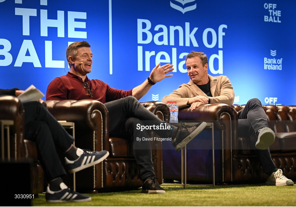 29 January 2025; Former Ireland and Leinster rugby player Brian O'Driscoll, left, and former England rugby player Austin Healey during a special Off the Ball Roadshow event at the Olympia Theatre in Dublin. Photo by David Fitzgerald/Sportsfile