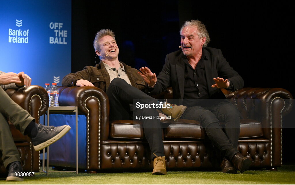 29 January 2025; Journalist Gerry Thornley, right, and former Leinster rugby player Andy Dunne during a special Off the Ball Roadshow event at the Olympia Theatre in Dublin. Photo by David Fitzgerald/Sportsfile