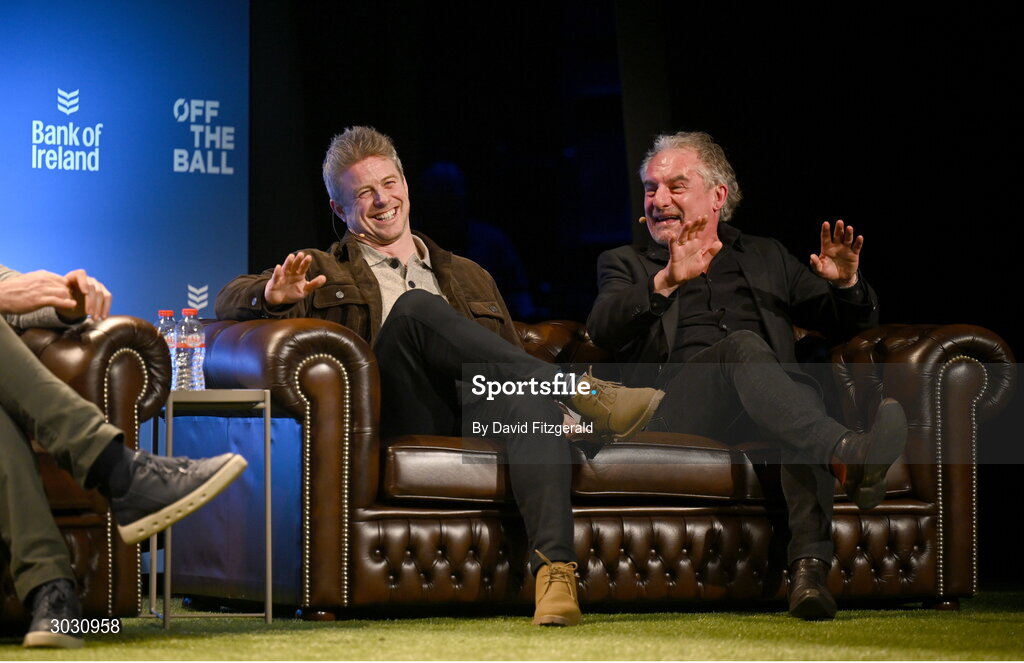 29 January 2025; Journalist Gerry Thornley, right, and former Leinster rugby player Andy Dunne during a special Off the Ball Roadshow event at the Olympia Theatre in Dublin. Photo by David Fitzgerald/Sportsfile