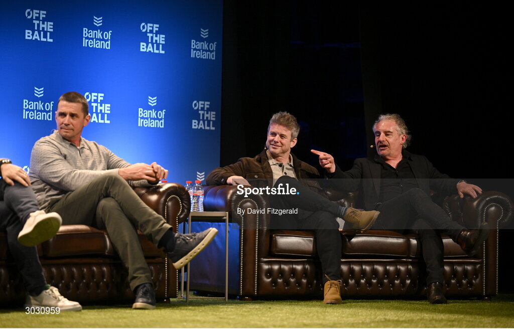 29 January 2025; Journalist Gerry Thornley, right, former Leinster rugby player Andy Dunne, centre, and former Ireland and Munster rugby player Alan Quinlan during a special Off the Ball Roadshow event at the Olympia Theatre in Dublin. Photo by David Fitzgerald/Sportsfile