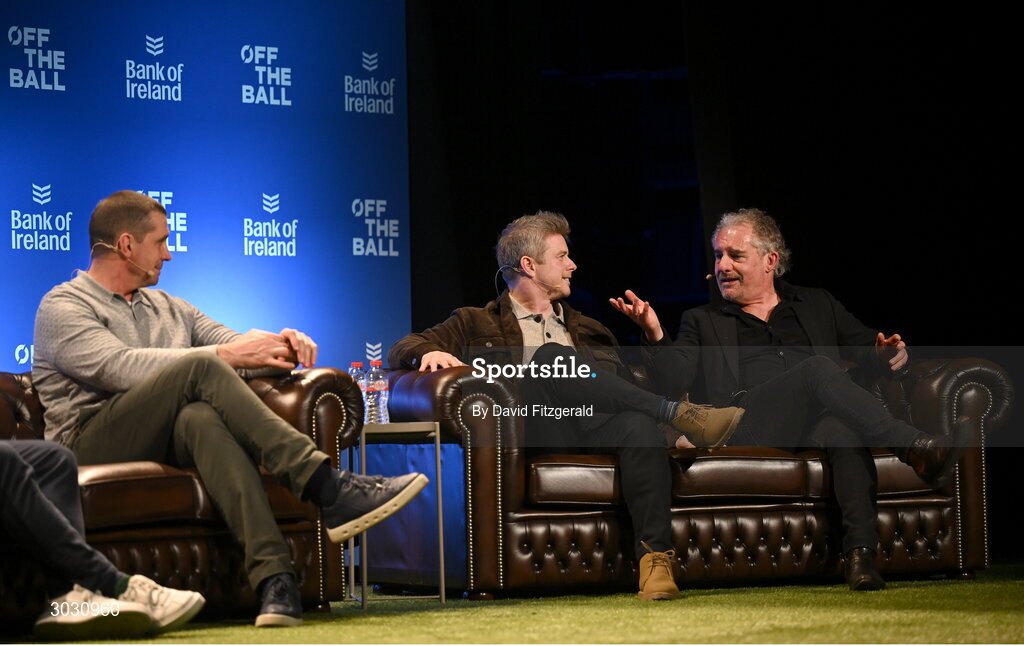 29 January 2025; Journalist Gerry Thornley, right, former Leinster rugby player Andy Dunne, centre, and former Ireland and Munster rugby player Alan Quinlan during a special Off the Ball Roadshow event at the Olympia Theatre in Dublin. Photo by David Fitzgerald/Sportsfile