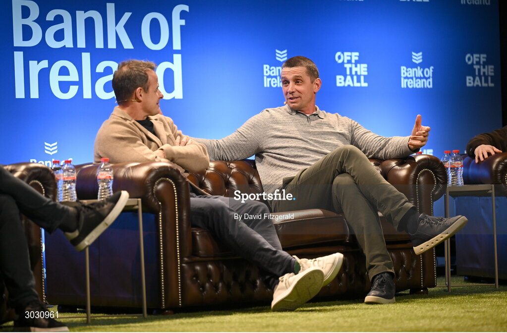 29 January 2025; Former Ireland and Munster rugby player Alan Quinlan, right, and former England rugby player Austin Healey during a special Off the Ball Roadshow event at the Olympia Theatre in Dublin. Photo by David Fitzgerald/Sportsfile