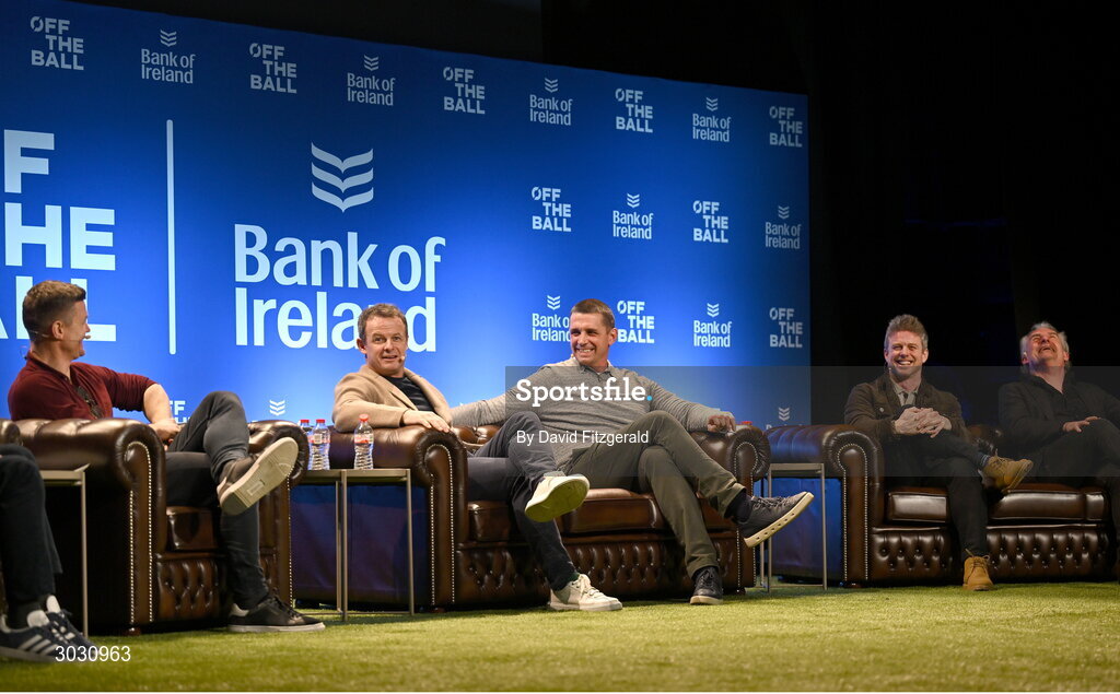 29 January 2025; From left, former Ireland and Leinster rugby player Brian O'Driscoll, former England rugby player Austin Healey, former Ireland and Munster rugby player Alan Quinlan, former Leinster rugby player Andy Dunne and journalist Gerry Thornley during a special Off the Ball Roadshow event at the Olympia Theatre in Dublin. Photo by David Fitzgerald/Sportsfile