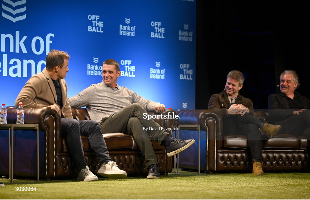 29 January 2025; From left, former England rugby player Austin Healey, former Ireland and Munster rugby player Alan Quinlan, former Leinster rugby player Andy Dunne and journalist Gerry Thornley during a special Off the Ball Roadshow event at the Olympia Theatre in Dublin. Photo by David Fitzgerald/Sportsfile
