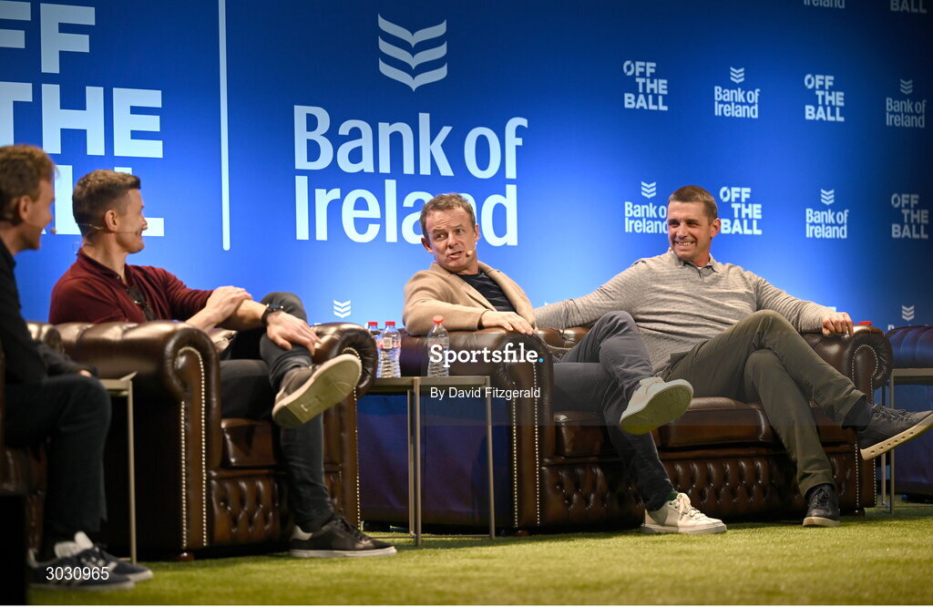 29 January 2025; From left, former Ireland and Leinster rugby player Brian O'Driscoll, former England rugby player Austin Healey, former Ireland and Munster rugby player Alan Quinlan during a special Off the Ball Roadshow event at the Olympia Theatre in Dublin. Photo by David Fitzgerald/Sportsfile