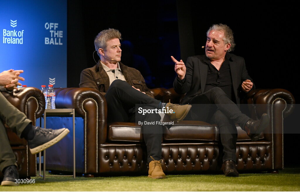 29 January 2025; Journalist Gerry Thornley, right, and former Leinster rugby player Andy Dunne during a special Off the Ball Roadshow event at the Olympia Theatre in Dublin. Photo by David Fitzgerald/Sportsfile