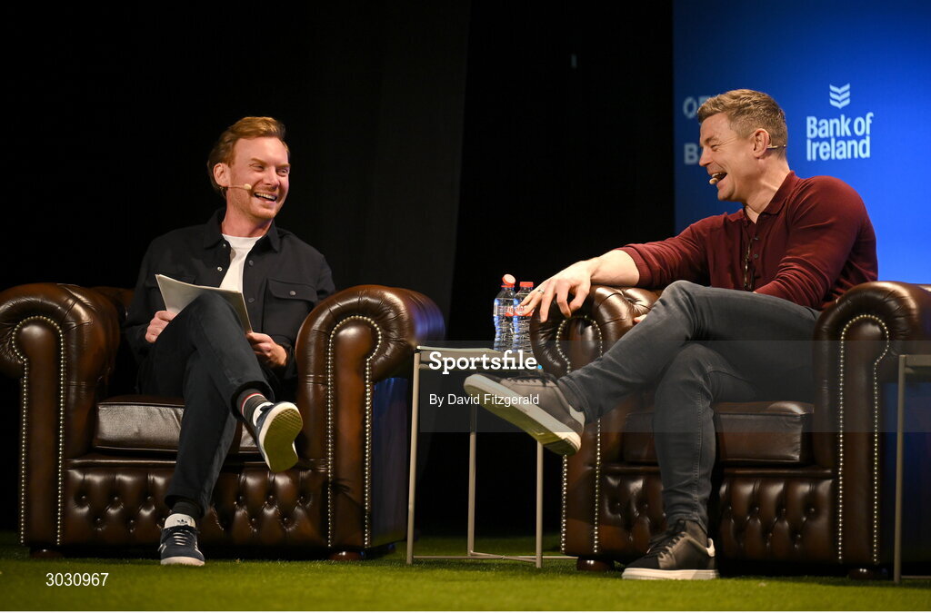 29 January 2025; Former Ireland and Leinster rugby player Brian O'Driscoll, right, and presenter Eoin Sheahan during a special Off the Ball Roadshow event at the Olympia Theatre in Dublin. Photo by David Fitzgerald/Sportsfile