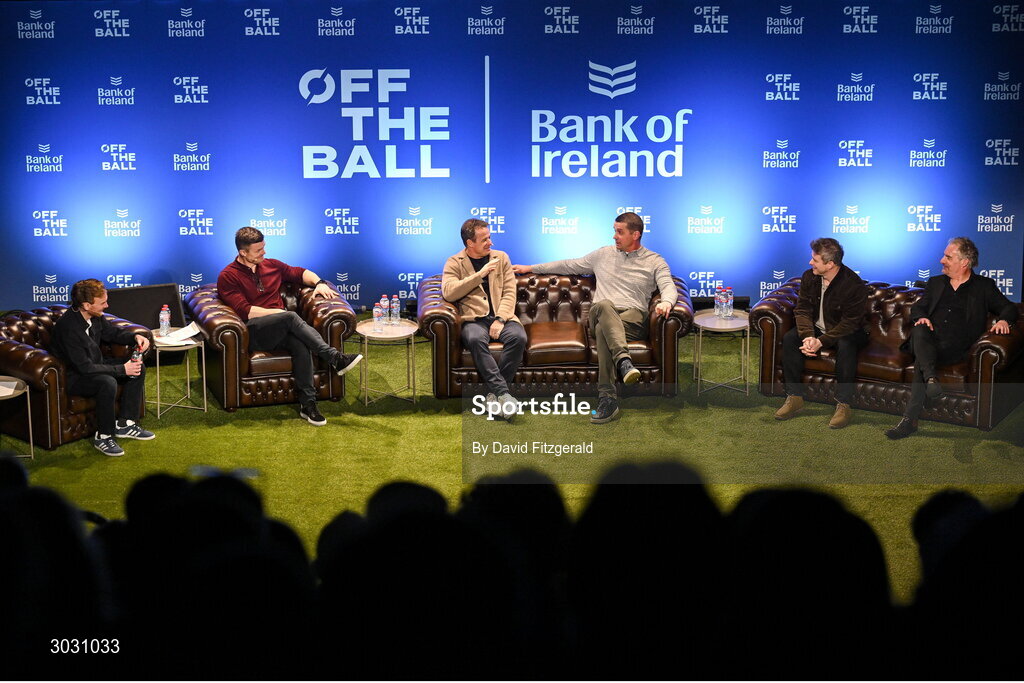 29 January 2025; Pictured are, from left, presenter Eoin Sheahan, former Ireland and Leinster rugby player Brian O'Driscoll, former England rugby player Austin Healey, former Ireland and Munster rugby player Alan Quinlan, former Leinster rugby player Andy Dunne and journalist Gerry Thornley during a special Off the Ball Roadshow event at the Olympia Theatre in Dublin. Photo by David Fitzgerald/Sportsfile