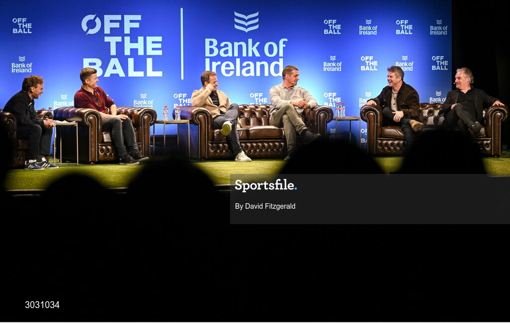 29 January 2025; Pictured are, from left, presenter Eoin Sheahan, former Ireland and Leinster rugby player Brian O'Driscoll, former England rugby player Austin Healey, former Ireland and Munster rugby player Alan Quinlan, former Leinster rugby player Andy Dunne and journalist Gerry Thornley during a special Off the Ball Roadshow event at the Olympia Theatre in Dublin. Photo by David Fitzgerald/Sportsfile