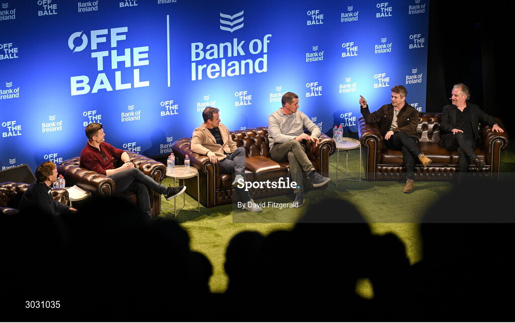 29 January 2025; Pictured are, from left, presenter Eoin Sheahan, former Ireland and Leinster rugby player Brian O'Driscoll, former England rugby player Austin Healey, former Ireland and Munster rugby player Alan Quinlan, former Leinster rugby player Andy Dunne and journalist Gerry Thornley during a special Off the Ball Roadshow event at the Olympia Theatre in Dublin. Photo by David Fitzgerald/Sportsfile